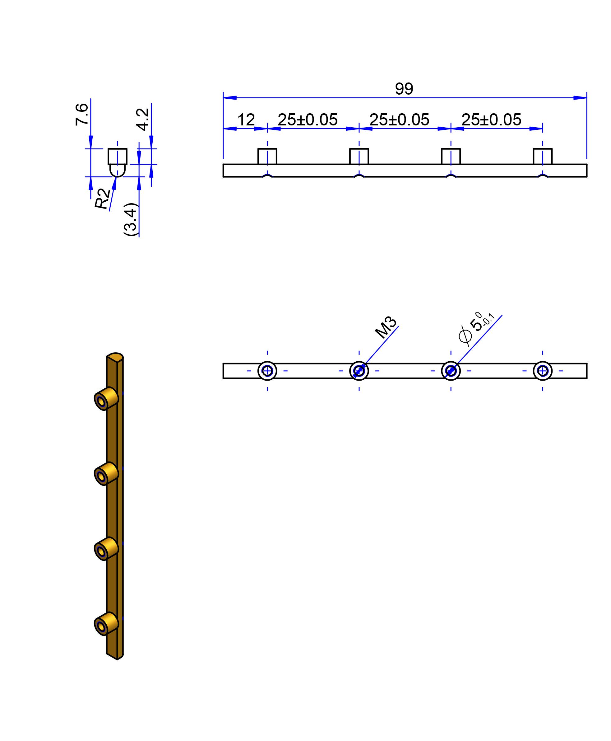 100HTD8 Messing Nockenverbinder / Einlegeschiene / Ersatzzahn
